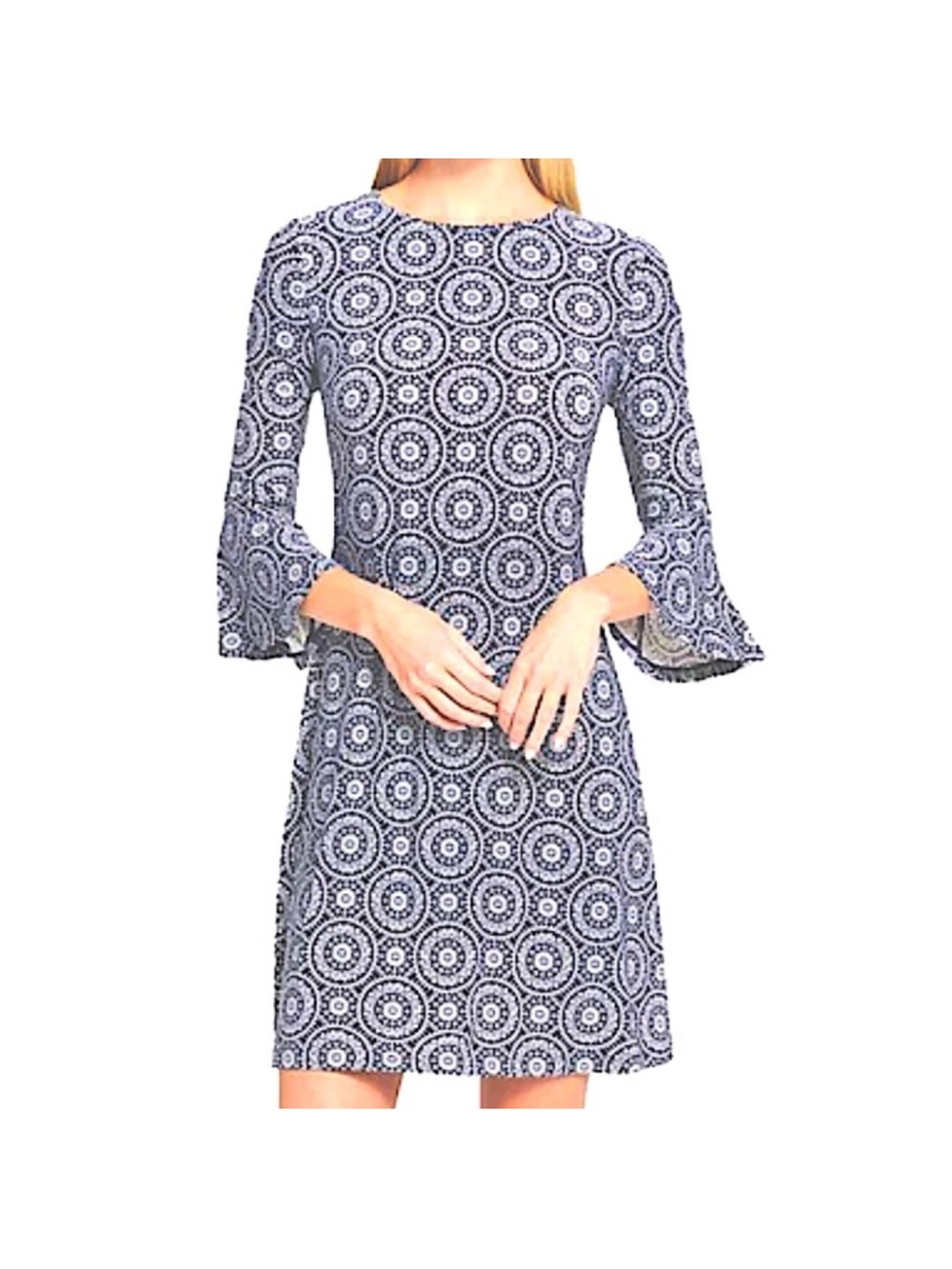 Women's Tommy Hilfiger Navy and White Printed Bell-Sleeve Shift Dress